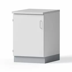 Laboratory desk for standing work, 600x900x750mm, melamine tabletop, 1 base cabinet B 600mm, 1 hinged door