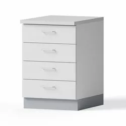 Laboratory desk for standing work, 600x900x750mm, melamine tabletop, 1 base cabinet B-600mm, 4 drawers